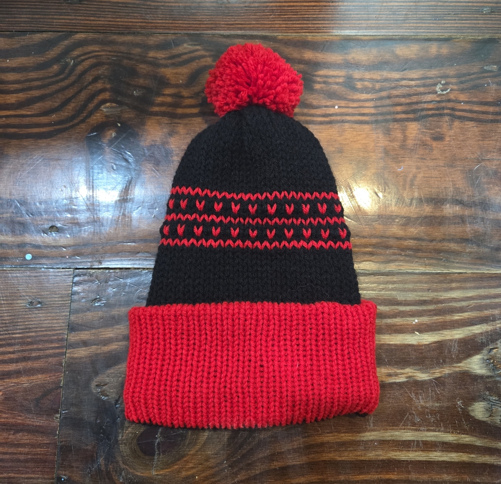 Red & Black Knit Beanie Hat with Pom Pom | Cozy Winter Hat | Game Day Beanie |